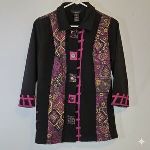 Ali Miles Black/Pink Art To Wear Fabulous Button Up Tunic/Jacket Sz Petite S 198